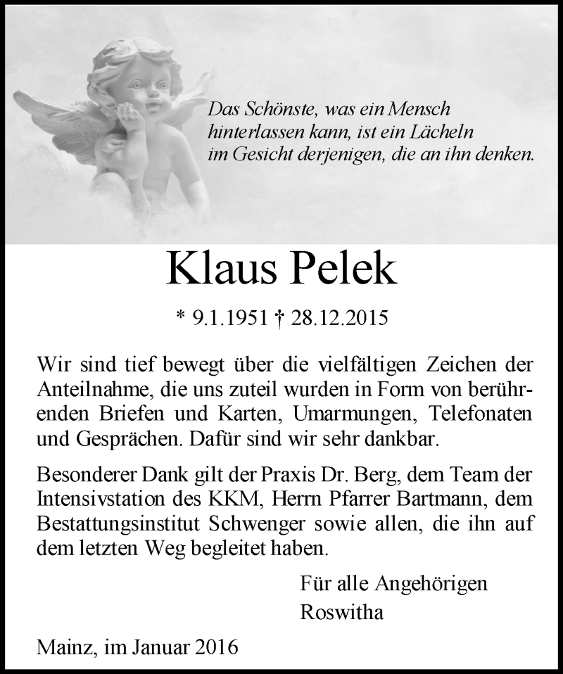  Traueranzeige für Klaus Pelek vom 30.01.2016 aus  Allgemeine Zeitung Mainz