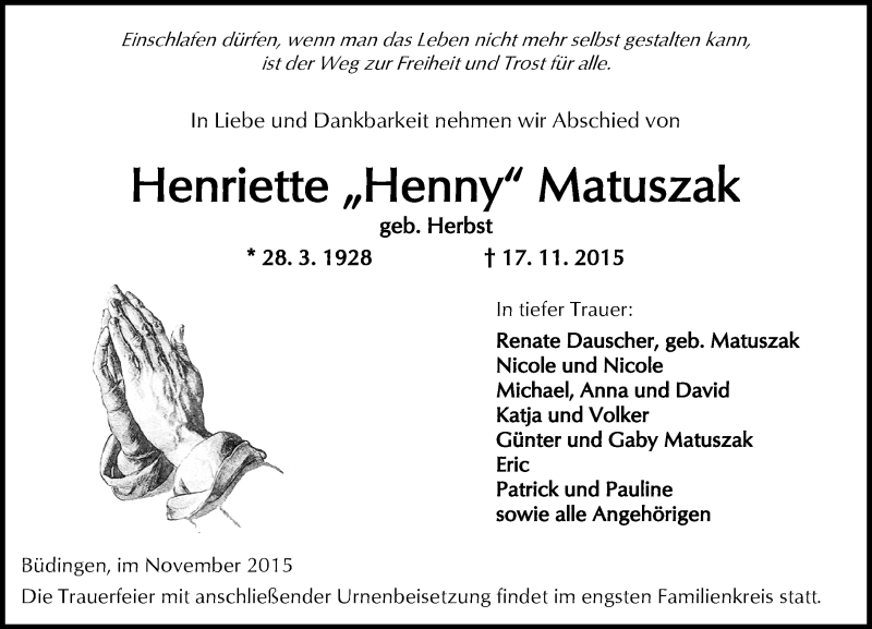  Traueranzeige für Henriette Matuszak vom 21.11.2015 aus  Kreisanzeiger