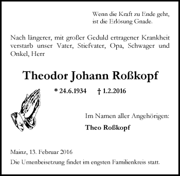 Traueranzeige von Theodor Johann Roßkopf von  Allgemeine Zeitung Mainz