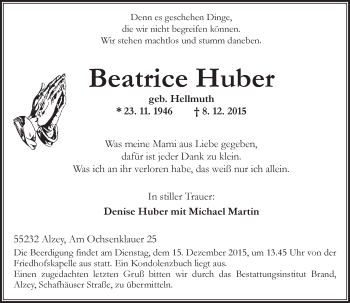 Traueranzeige von Beatrice Huber von  Allgemeine Zeitung Alzey