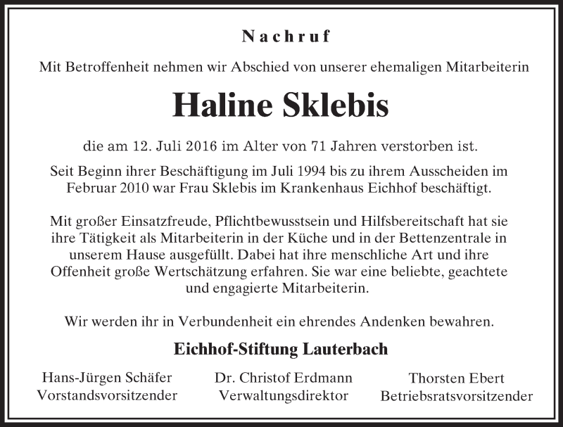  Traueranzeige für Haline Sklebis vom 16.07.2016 aus VRM Trauer