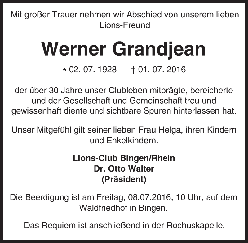  Traueranzeige für Werner Grandjean vom 07.07.2016 aus Trauerportal Rhein Main Presse