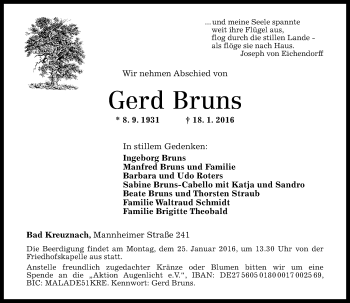 Traueranzeige von Gerd Bruns von  Allg. Zeitung Bad Kreuznach
