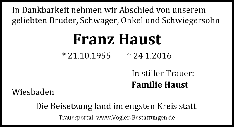  Traueranzeige für Franz Haust vom 06.02.2016 aus  Wiesbaden komplett