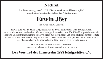 Traueranzeige von Erwin Jöst von Trauerportal Rhein Main Presse