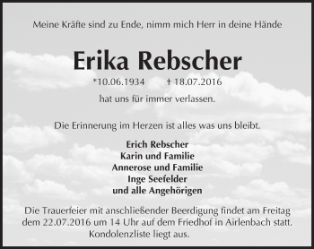 Traueranzeige von Erika Rebscher von Trauerportal Echo Online