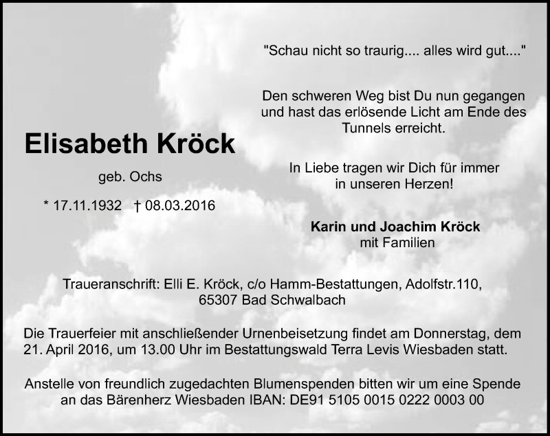  Traueranzeige für Elisabeth Kröck vom 18.04.2016 aus  Wiesbaden komplett