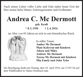 Traueranzeige von Andrea C.  Mc Dermott von  Allgemeine Zeitung Mainz
