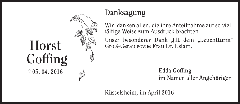  Traueranzeige für Horst Goffing vom 23.04.2016 aus  Mainspitze