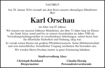 Traueranzeige von Karl Orschau von  Allgemeine Zeitung Alzey