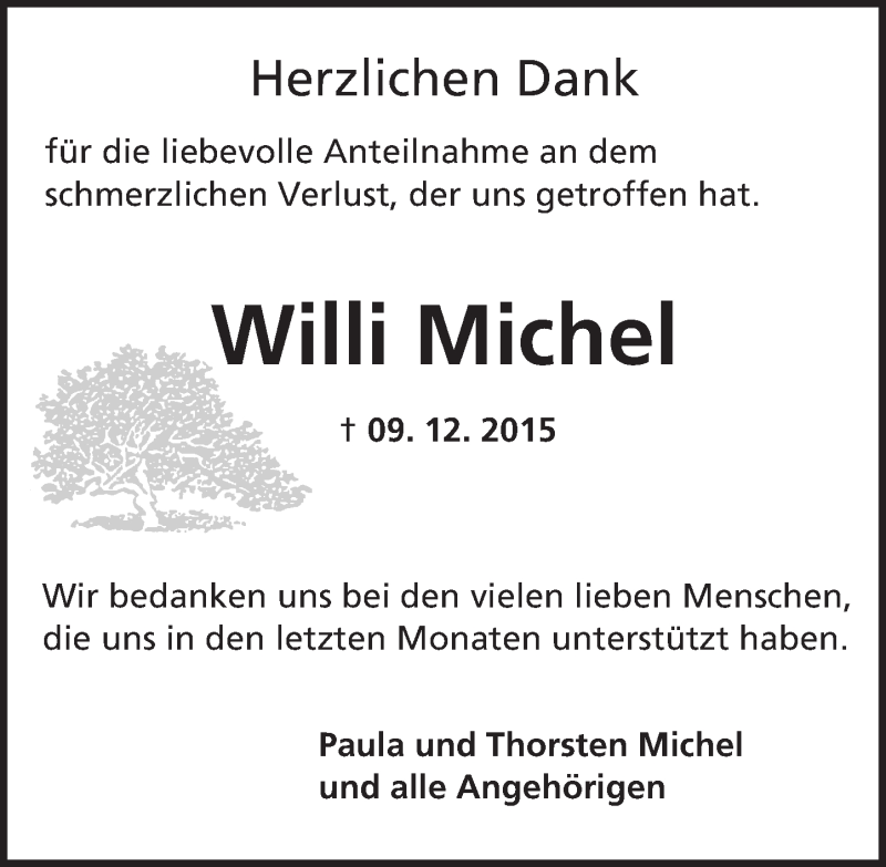  Traueranzeige für Willi Michel vom 02.01.2016 aus  Mainspitze