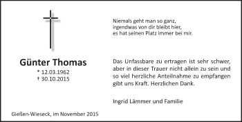 Traueranzeige von Günter Thomas von  Gießener Anzeiger
