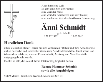 Traueranzeige von Änni Schmidt von  Allgemeine Zeitung Mainz