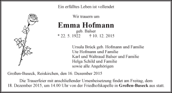 Traueranzeige von Emma Hofmann von  Gießener Anzeiger