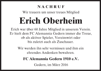 Traueranzeige von Erich Oberheim von  Kreisanzeiger