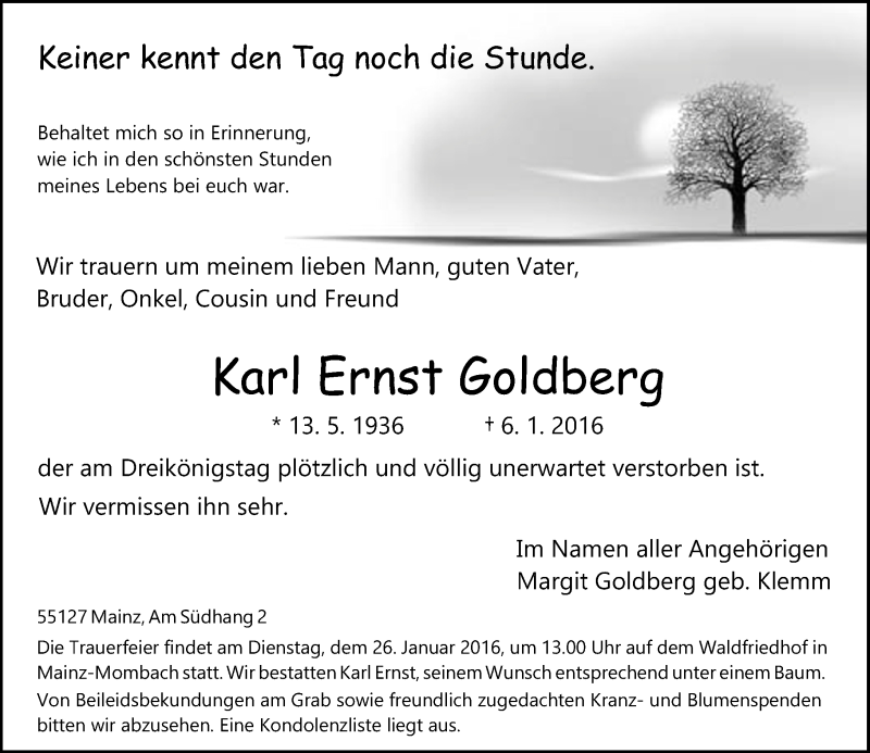  Traueranzeige für Karl Ernst Goldberg vom 23.01.2016 aus  Allgemeine Zeitung Mainz