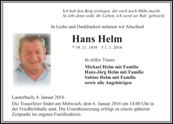Traueranzeige von Hans Helm von VRM Trauer