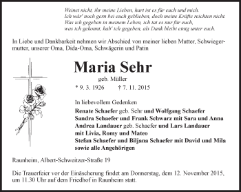 Traueranzeige von Maria Sehr von  Mainspitze