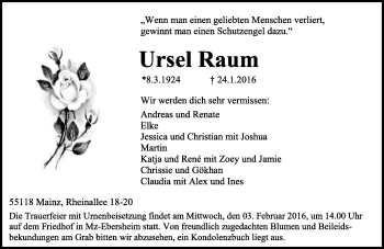 Traueranzeige von Ursel Raum von  Allgemeine Zeitung Mainz