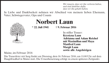 Traueranzeige von Norbert Laun von  Allgemeine Zeitung Mainz