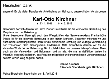 Traueranzeige von Karl-Otto Kirchner von  Allgemeine Zeitung Mainz