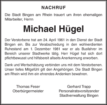 Traueranzeige von Michael Hügel von trauer.rmp.de