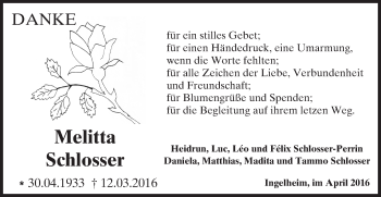Traueranzeige von Melitta Schlosser von  Allgemeine  Zeitung Ingelheim-Bingen
