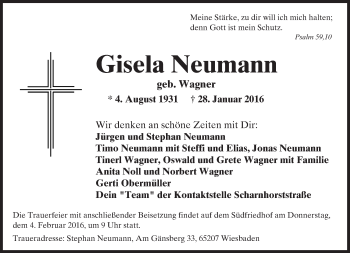 Traueranzeige von Gisela Neumann von  Wiesbaden komplett