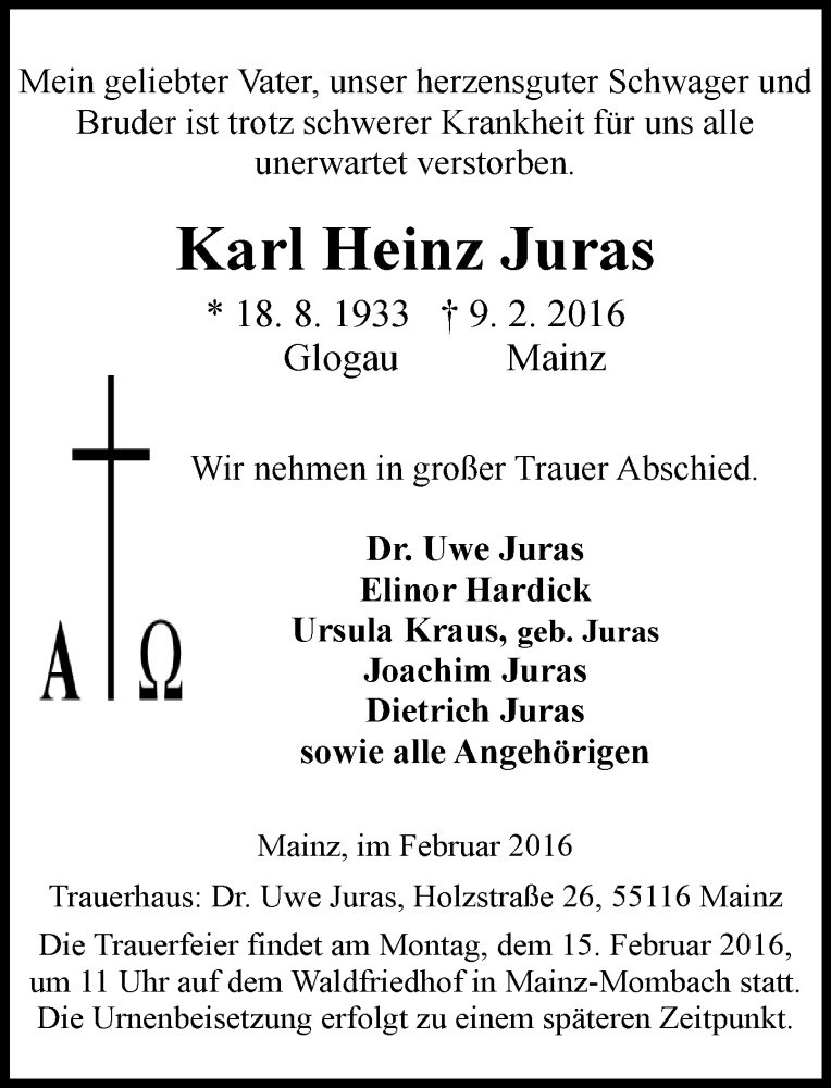  Traueranzeige für Karl-Heinz Juras vom 13.02.2016 aus  Wiesbaden komplett
