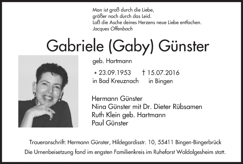  Traueranzeige für Gabriele  Günster vom 23.07.2016 aus Trauerportal Rhein Main Presse