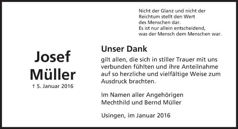  Traueranzeige für Josef Müller vom 30.01.2016 aus  Usinger Anzeiger