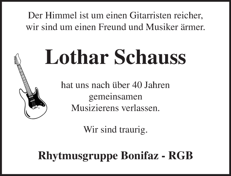  Traueranzeige für Lothar Schauss vom 13.02.2016 aus  Allgemeine Zeitung Mainz
