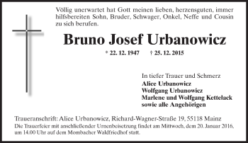 Traueranzeige von Bruno Josef Urbanowicz von  Allgemeine Zeitung Mainz