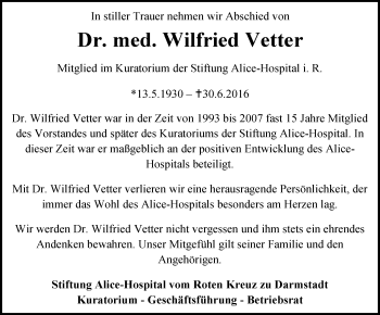 Traueranzeige von Wilfried Vetter von Trauerportal Echo Online