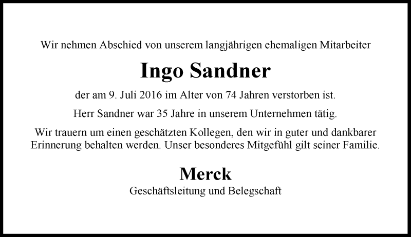  Traueranzeige für Ingo Sandner vom 20.07.2016 aus Trauerportal Echo Online
