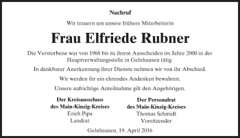 Traueranzeige von Elfriede Rubner von  Gelnhäuser Tageblatt