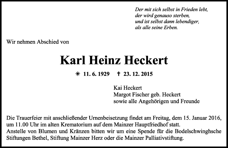  Traueranzeige für Karl Heinz Heckert vom 02.01.2016 aus  Mainspitze