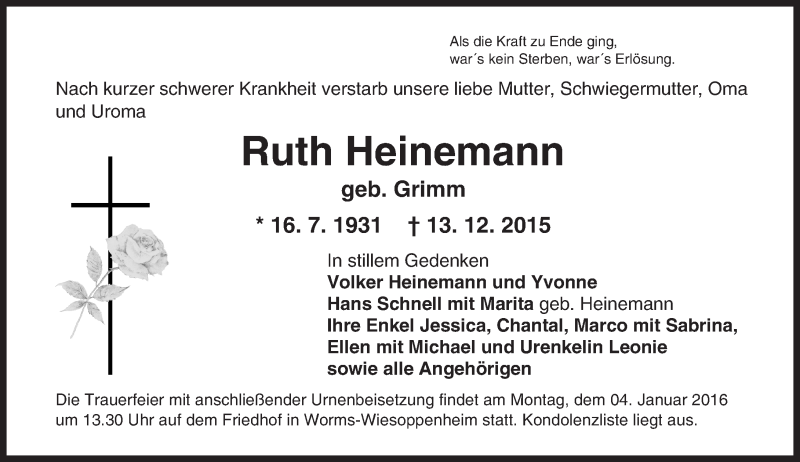  Traueranzeige für Ruth Heinemann vom 31.12.2015 aus  Wormser Zeitung