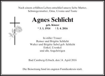 Traueranzeige von Agnes Schlicht von  Camberger Anzeiger