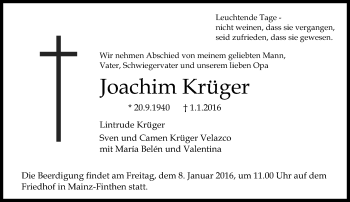Traueranzeige von Joachim Krüger von  Allgemeine Zeitung Mainz