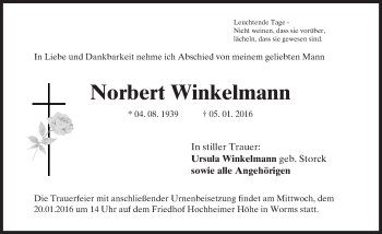Traueranzeige von Norbert Winkelmann von  Wormser Zeitung
