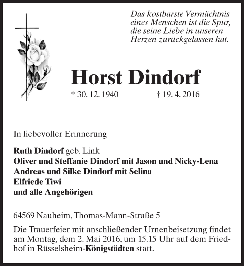  Traueranzeige für Horst Dindorf vom 23.04.2016 aus  Mainspitze