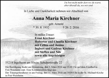 Traueranzeige von Anna Maria Kirchner von  Allgemeine  Zeitung Ingelheim-Bingen