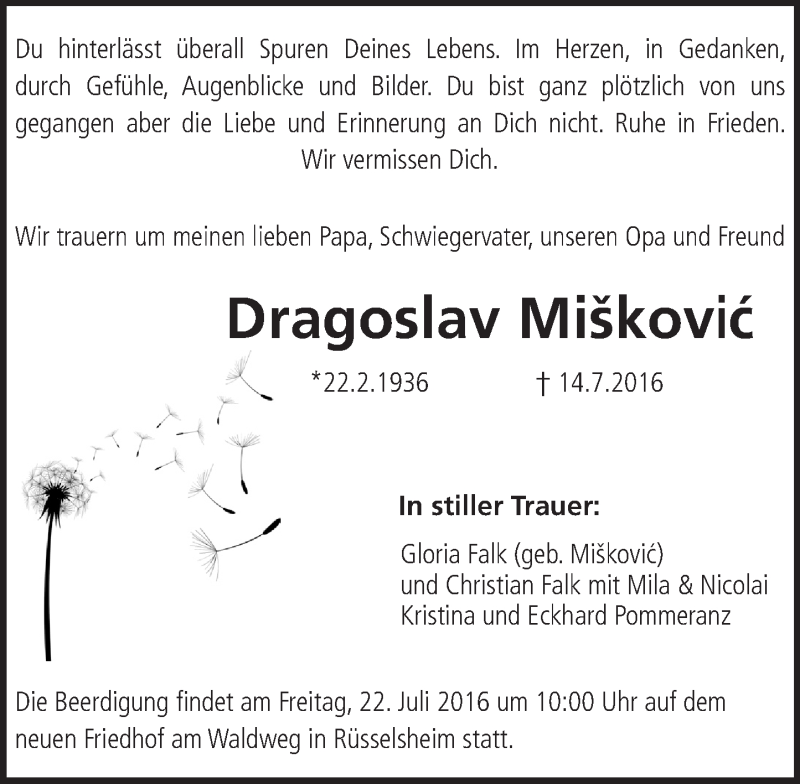  Traueranzeige für Dragoslav Miskovic vom 20.07.2016 aus Trauerportal Echo Online