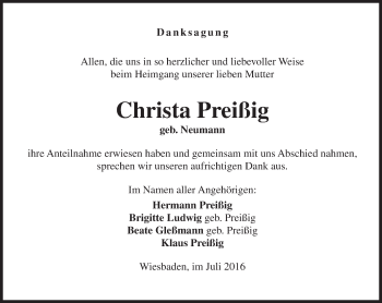 Traueranzeige von Christa Preißig von Trauerportal Rhein Main Presse