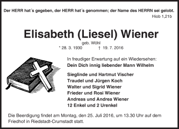 Traueranzeige von Elisabeth Wiener von Trauerportal Echo Online