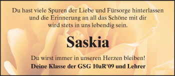 Traueranzeige von Saskia Schnarr von  Kreisanzeiger