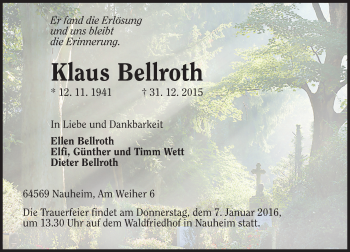 Traueranzeige von Klaus Bellroth von  Mainspitze