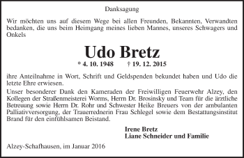 Traueranzeige von Udo Bretz von  Allgemeine Zeitung Alzey