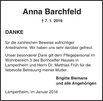 Traueranzeige von Anna Barchfeld von  Bürstädter Zeitung